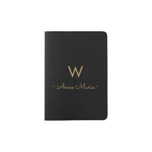 Modern Black Gold Minimalist Monogram Passport Holder
