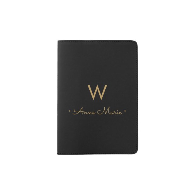 Modern Black Gold Minimalist Monogram Passport Holder (Front)