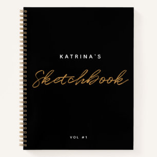 Modern Black Gold Minimalist Script Sketchbook Notebook