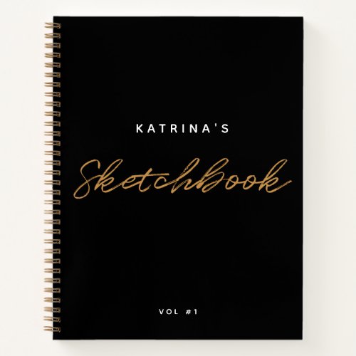Modern Black Gold Minimalist Script Sketchbook Notebook