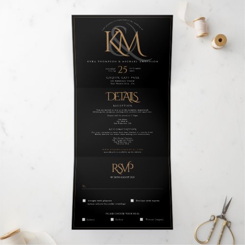 Modern Black Gold Monogram All In One Wedding Tri_Fold Invitation