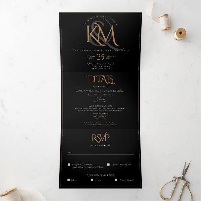 Modern Black Gold Monogram All In One Wedding Tri-Fold Invitation (Inside)