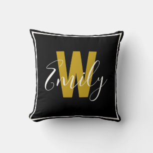 Modern Black Gold Monogram Border Throw Pillow