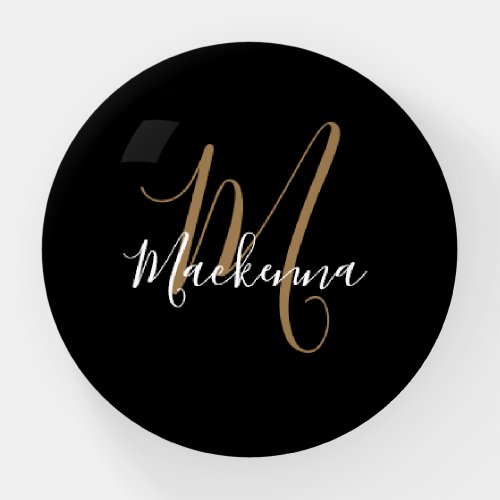 Modern Black Gold Monogram Chic Girly Script Name  Paperweight