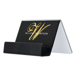 Modern Black &amp; Gold Monogram Corporate Desk Business Card Holder