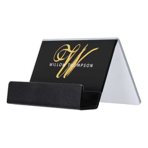 Modern Black  Gold Monogram Corporate Desk Business Card Holder