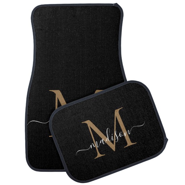 Modern Black Gold Monogram Elegant Classic Script Car Floor Mat (Set)