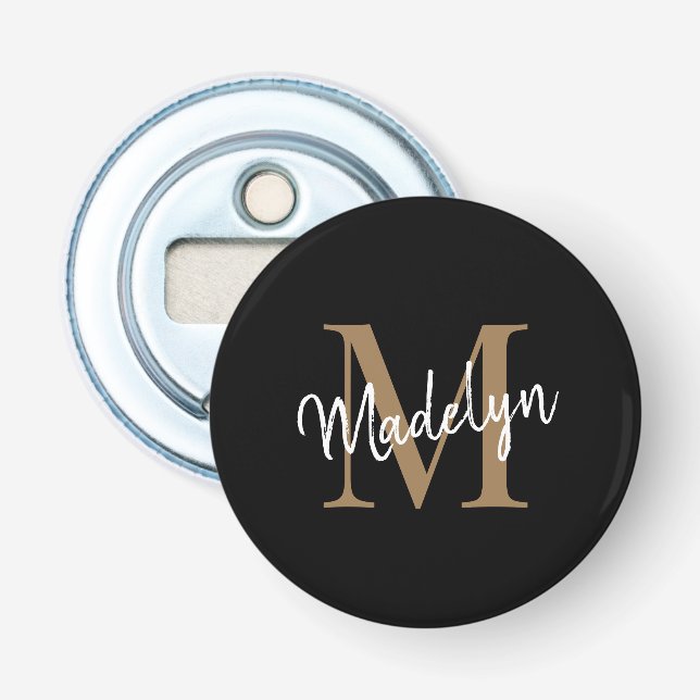 Modern Black Gold Monogram Elegant Feminine Script Bottle Opener (Front)