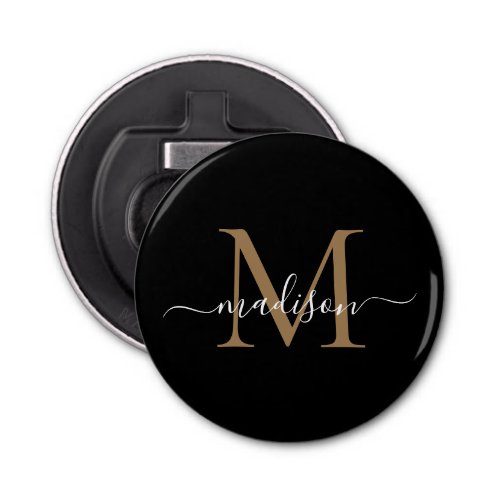 Modern Black Gold Monogram Elegant Feminine Script Bottle Opener