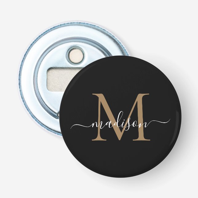 Modern Black Gold Monogram Elegant Feminine Script Bottle Opener (Front)