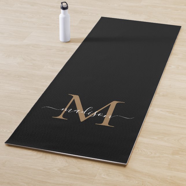 Modern Black Gold Monogram Elegant Feminine Script Yoga Mat (In Situ)