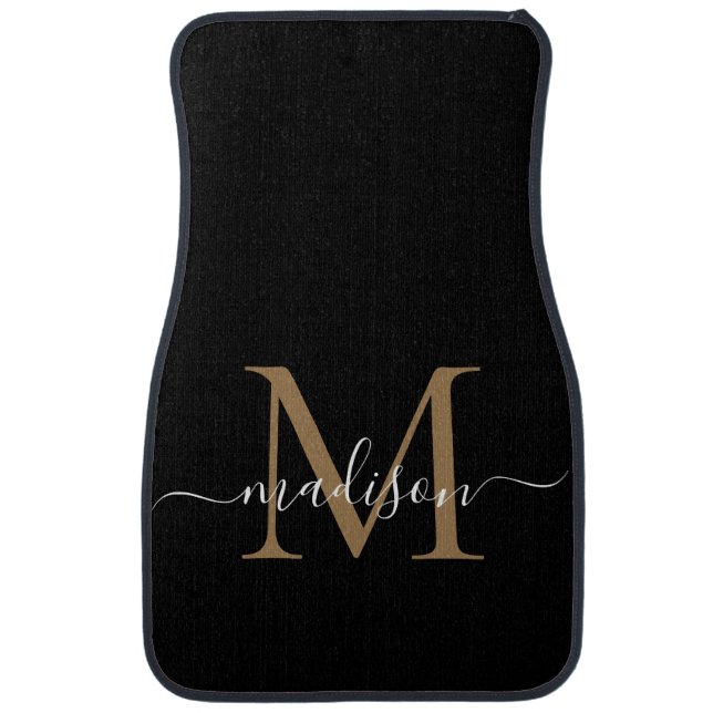 Modern Black Gold Monogram Elegant Girly Script Car Floor Mat (Front)