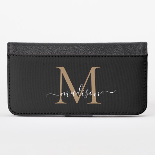 Modern Black Gold Monogram Elegant Girly Script iPhone X Wallet Case