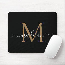 Modern Black Gold Monogram Elegant Girly Script Mouse Pad