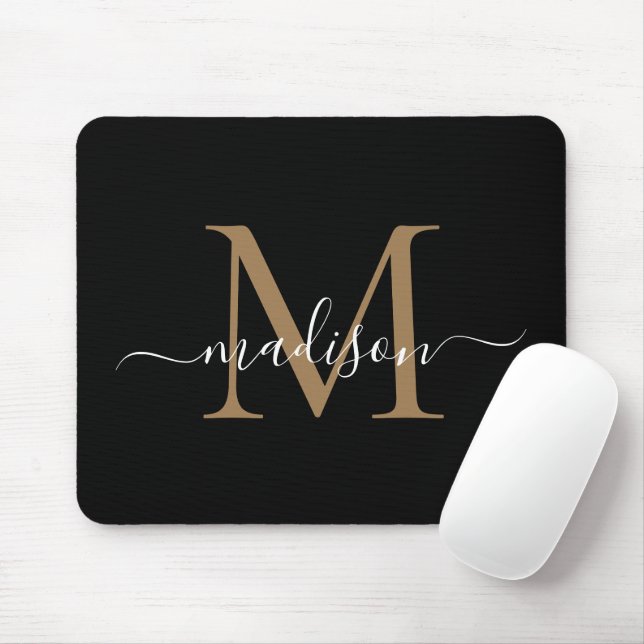 Modern Black Gold Monogram Elegant Girly Script Mouse Pad (With Mouse)