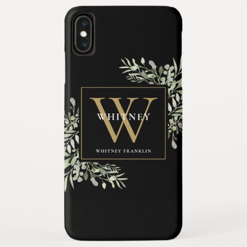 Modern Black Gold Monogram Elegant Greenery iPhone XS Max Case