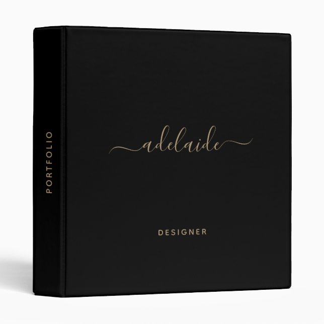 Modern Black Gold Monogram Elegant Script Name 3 Ring Binder (Front/Spine)