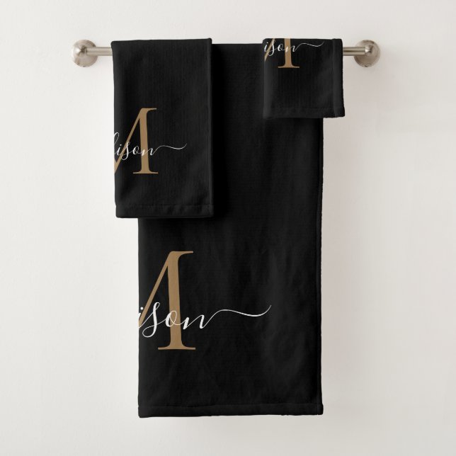 Modern Black Gold Monogram Elegant Script Name Bath Towel Set (Insitu)