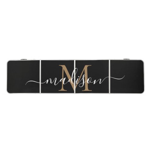 Modern Black Gold Monogram Elegant Script Name Bee Beer Pong Table
