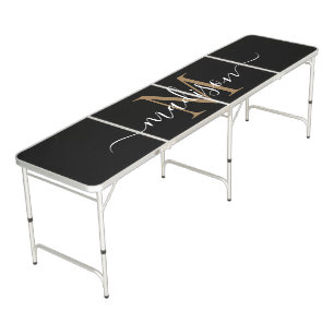 Modern Black Gold Monogram Elegant Script Name Beer Pong Table