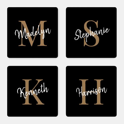 Modern Black Gold Monogram Elegant Script Name Coaster Set