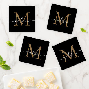 Modern Black Gold Monogram Elegant Script Name Coaster Set