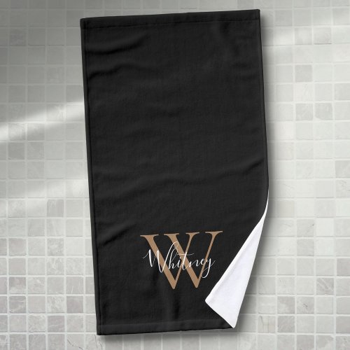 Modern Black Gold Monogram Elegant Script Name Hand Towel