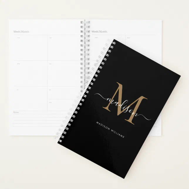 Modern Black Gold Monogram Elegant Script Name Planner | Zazzle