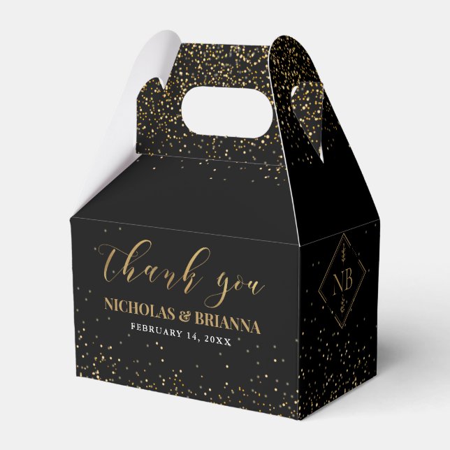 Modern Black Gold Monogram Elegant Wedding Favor Boxes (Front Side)