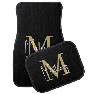 Modern Black Gold Monogram Family Name Car Floor Mat