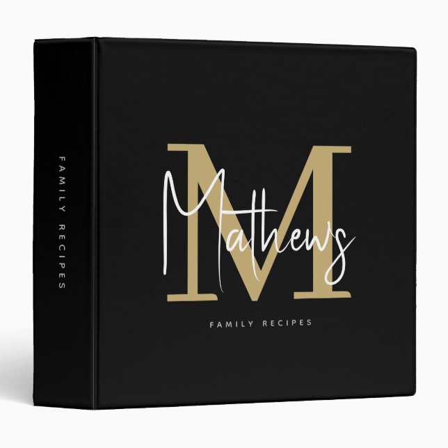 Modern Black Gold Monogram Family Name Recipe 3 Ring Binder (Front/Spine)