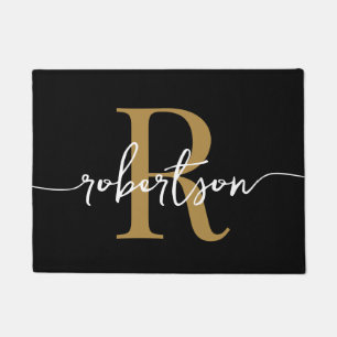 Modern Black Gold Monogram Family Name Script Door Doormat