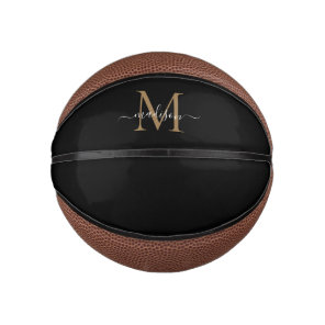 Modern Black Gold Monogram Feminine Girly Script Mini Basketball