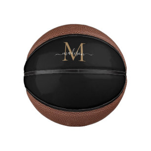 Modern Black Gold Monogram Feminine Girly Script Mini Basketball
