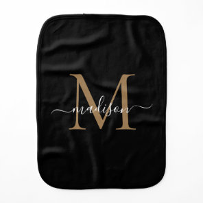Modern Black Gold Monogram Feminine Script Name Baby Burp Cloth