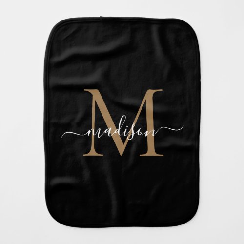 Modern Black Gold Monogram Feminine Script Name Baby Burp Cloth