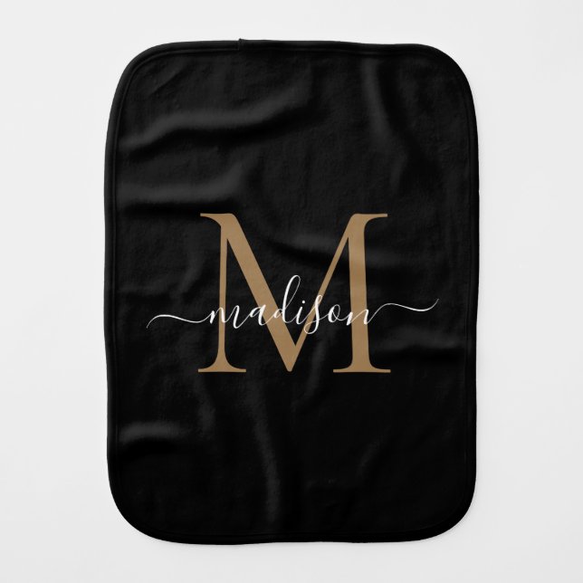 Modern Black Gold Monogram Feminine Script Name Baby Burp Cloth (Front)