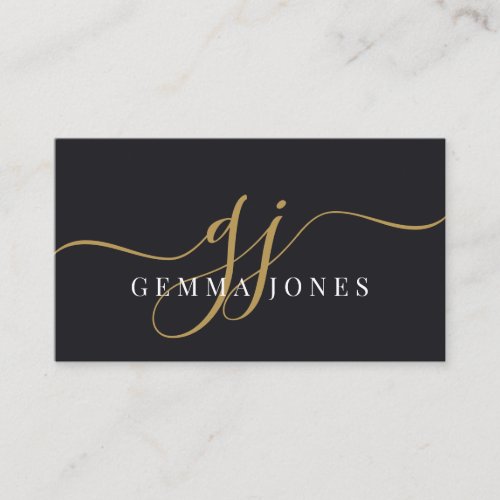 Modern Black Gold Monogram Feminine Script Name Business Card