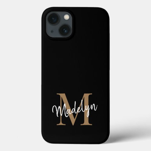 Modern Black Gold Monogram Feminine Script Name iPhone 13 Case