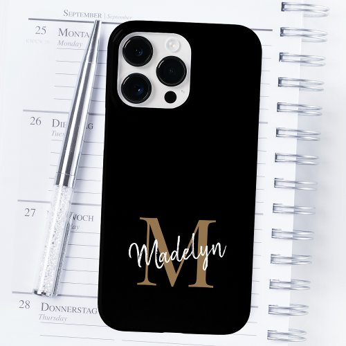 Modern Black Gold Monogram Feminine Script Name Case_Mate iPhone 14 Pro Max Case