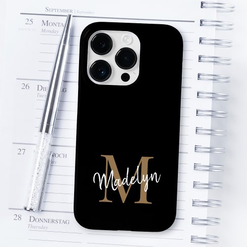 Modern Black Gold Monogram Feminine Script Name Case_Mate iPhone 14 Pro Case