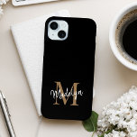 Modern Black Gold Monogram Feminine Script Name iPhone 15 Plus Case<br><div class="desc">Modern Black Gold Monogram Feminine Script Name iPhone Case. Easily personalize this modern elegant iPhone case with your custom monogram and name.</div>