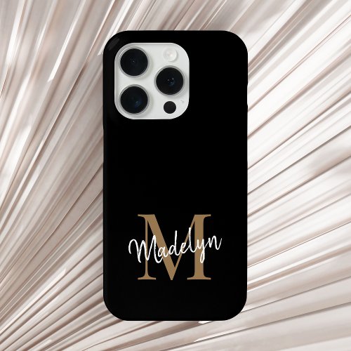 Modern Black Gold Monogram Feminine Script Name iPhone 15 Pro Case