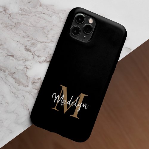 Modern Black Gold Monogram Feminine Script Name iPhone 15 Pro Max Case