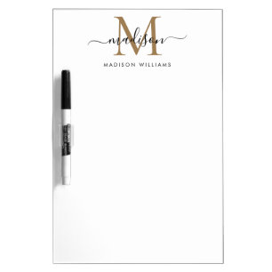 Modern Black Gold Monogram Feminine Script Name Dry Erase Board