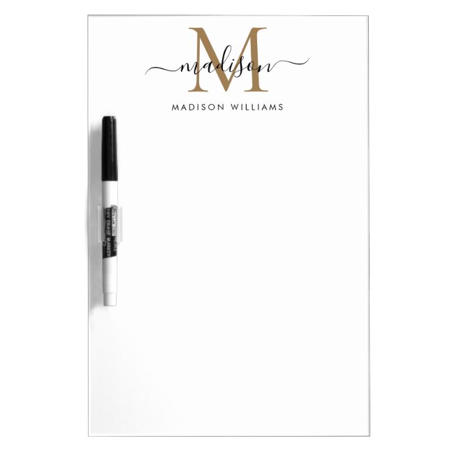 Modern Black Gold Monogram Feminine Script Name Dry Erase Board (Front)