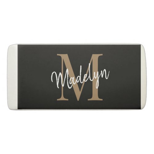 Modern Black Gold Monogram Feminine Script Name Eraser