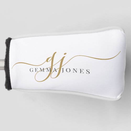 Modern Black Gold Monogram Feminine Script Name  Golf Head Cover