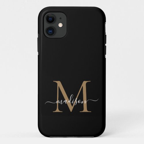 Modern Black Gold Monogram Feminine Script Name iP iPhone 11 Case