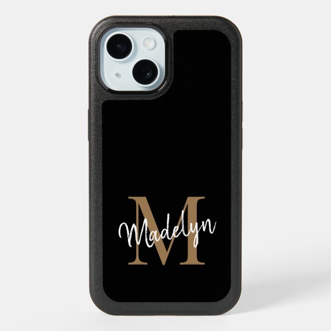 Modern Black Gold Monogram Feminine Script Name iPhone 15 Case (Back)